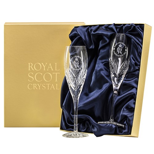 Royal Scot Crystal - King's Coronation - Highland - 2 Crystal Champagne Flutes Presentation Boxed